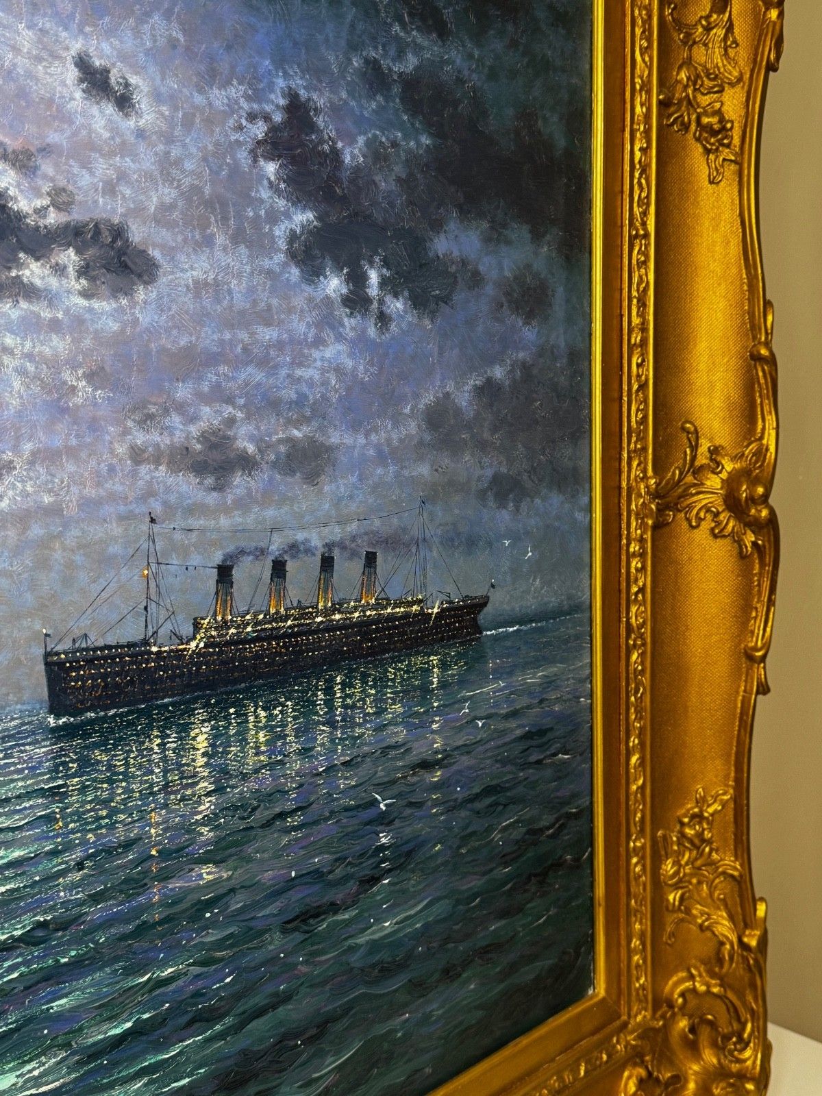 photo vintage Groot olieverfchilderij "Ships That Pass In The Night" - RMS Titanic onder nachtelijke maan met RMS Olympic