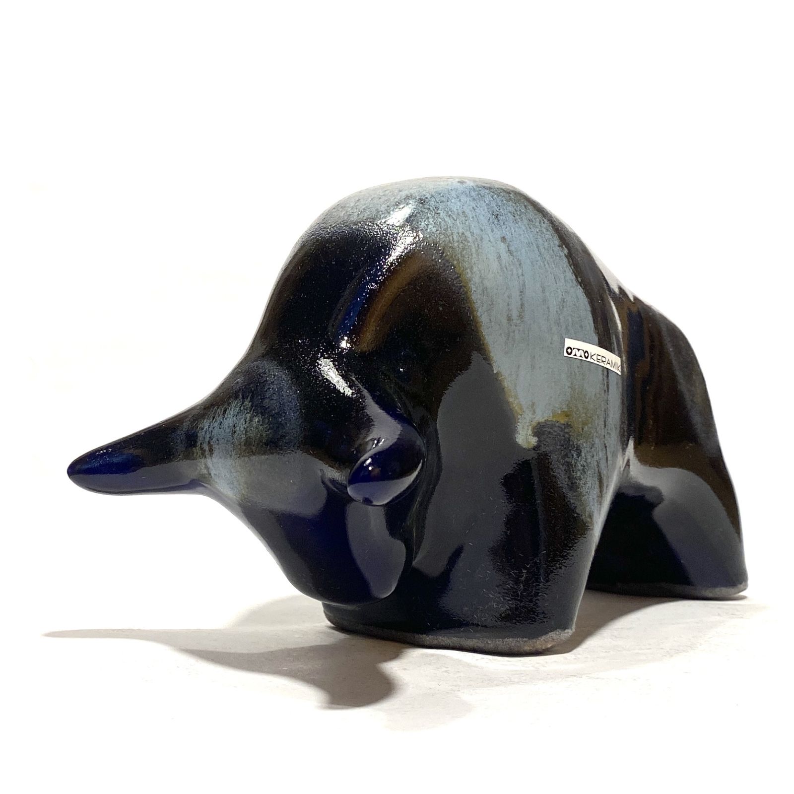 Otto Keramik Ceramic Bull In Dark Blue Kreta Glaze, West German Pottery Style Sculpture photo vintage