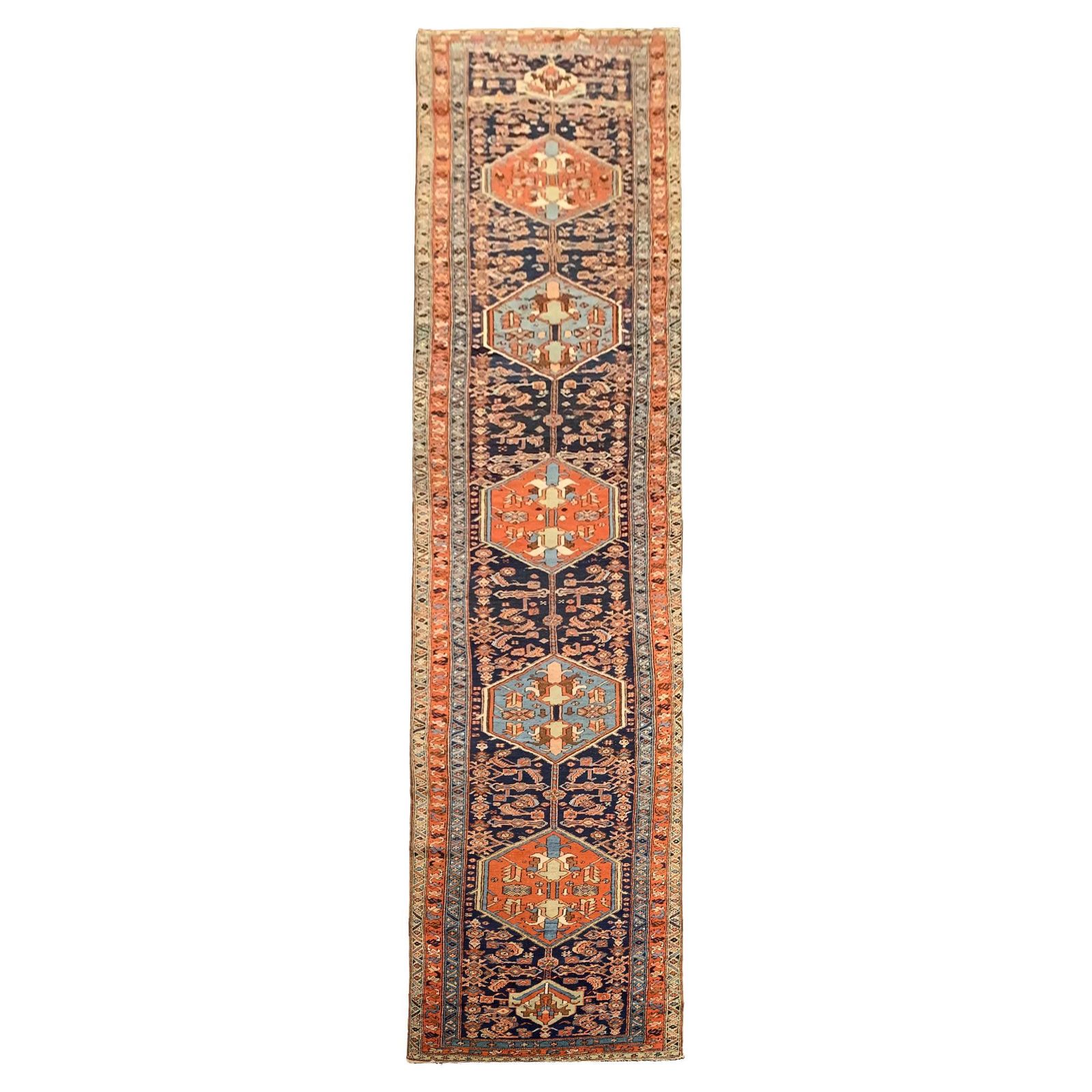 Tapis de couloir d'époque en laine, fait main, motifs tribaux traditionnels