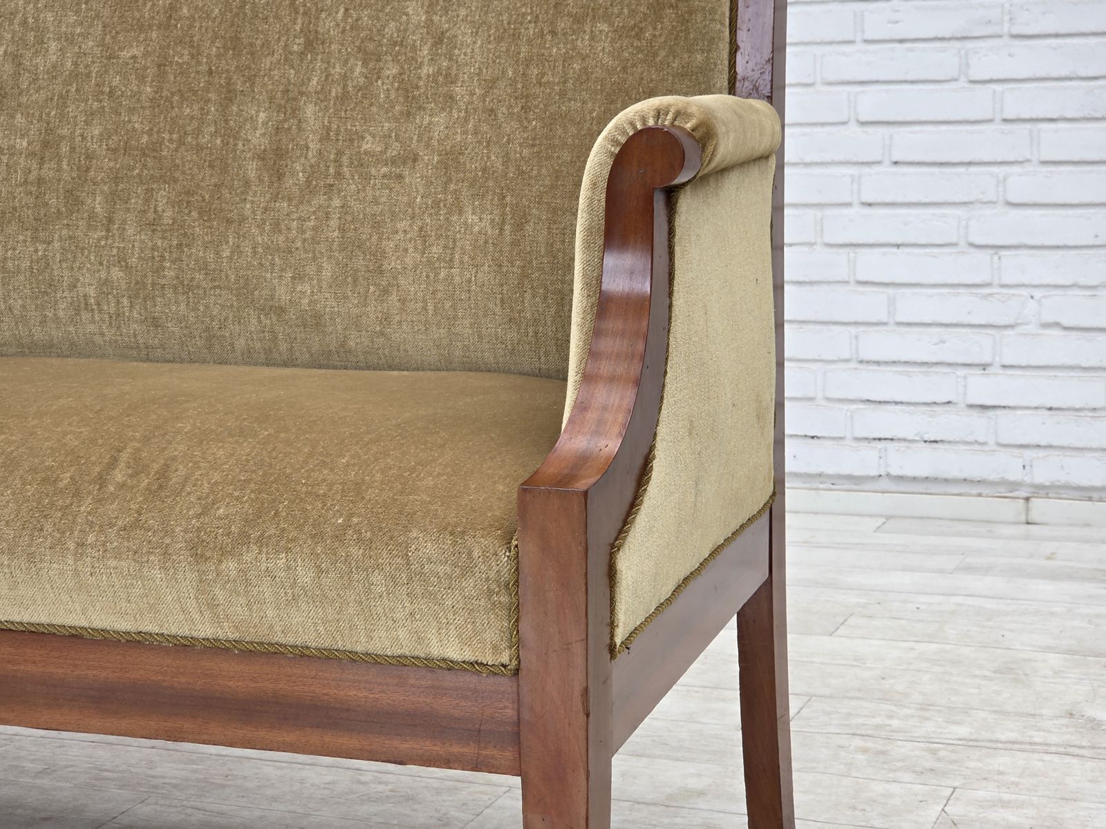 1950s, 2 Seater Danish Highback Sofa, Furniture Velour, Laqered Teak Wood. photo for sale