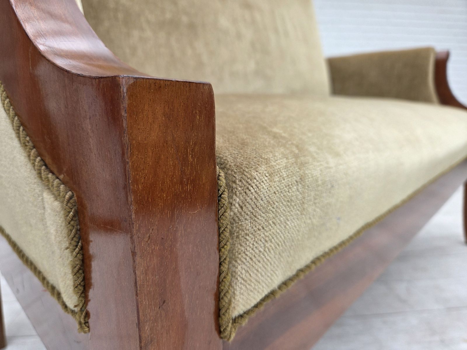 1950s, 2 Seater Danish Highback Sofa, Furniture Velour, Laqered Teak Wood. photo vintage