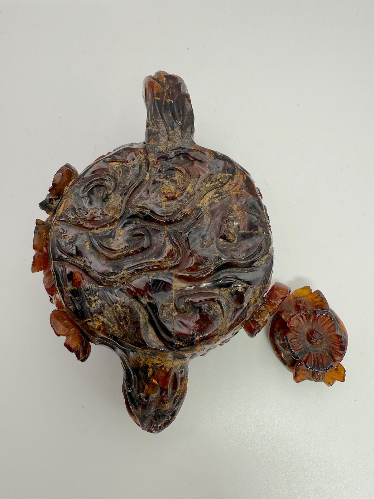 Antique Chinese Carved Amber Miniature Wine Pot, Prunus/Plum Blossom Relief, Late Qing Dynasty — As Found, Damage photo vinterior
