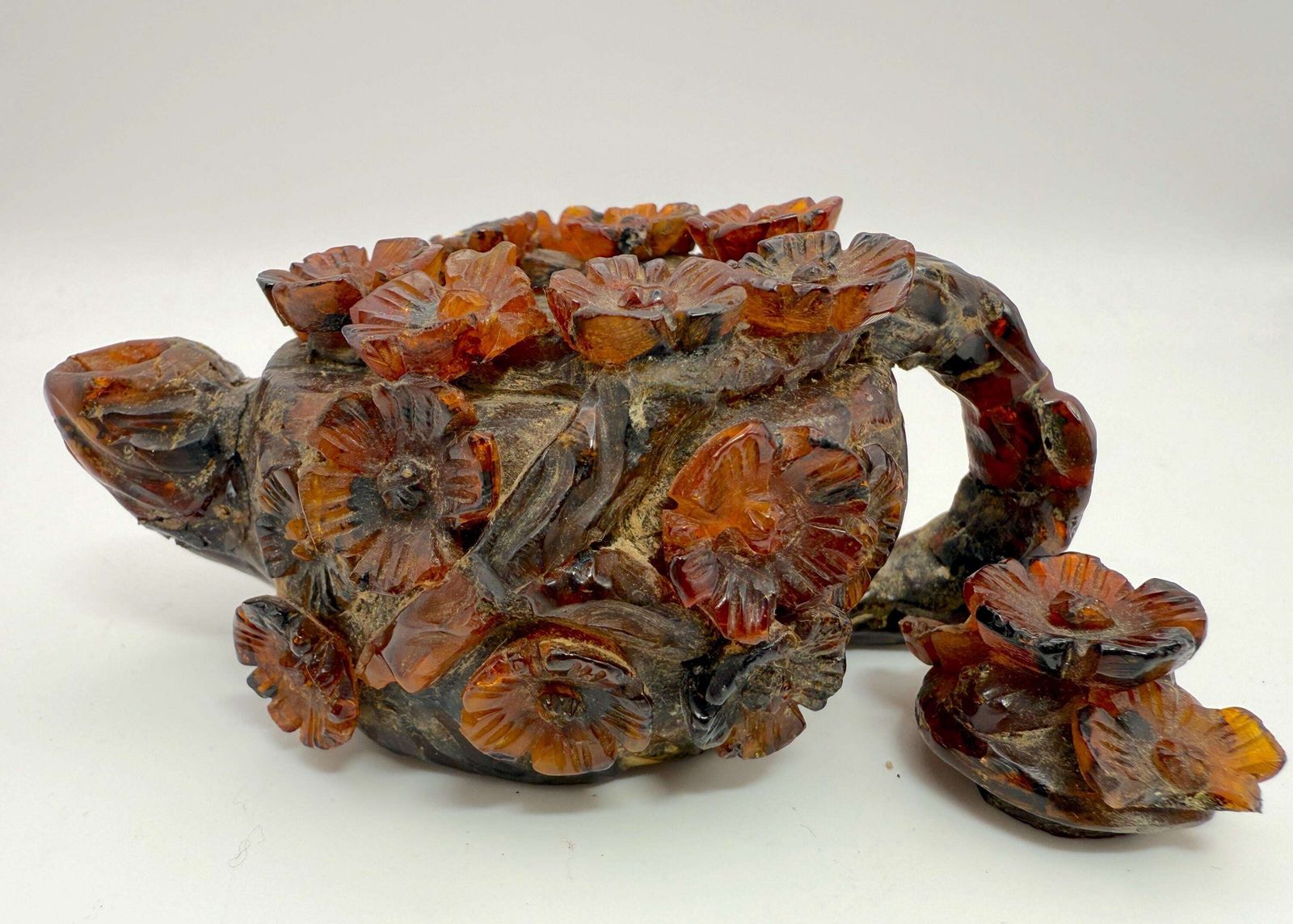 Antique Chinese Carved Amber Miniature Wine Pot, Prunus/Plum Blossom Relief, Late Qing Dynasty — As Found, Damage photo buy