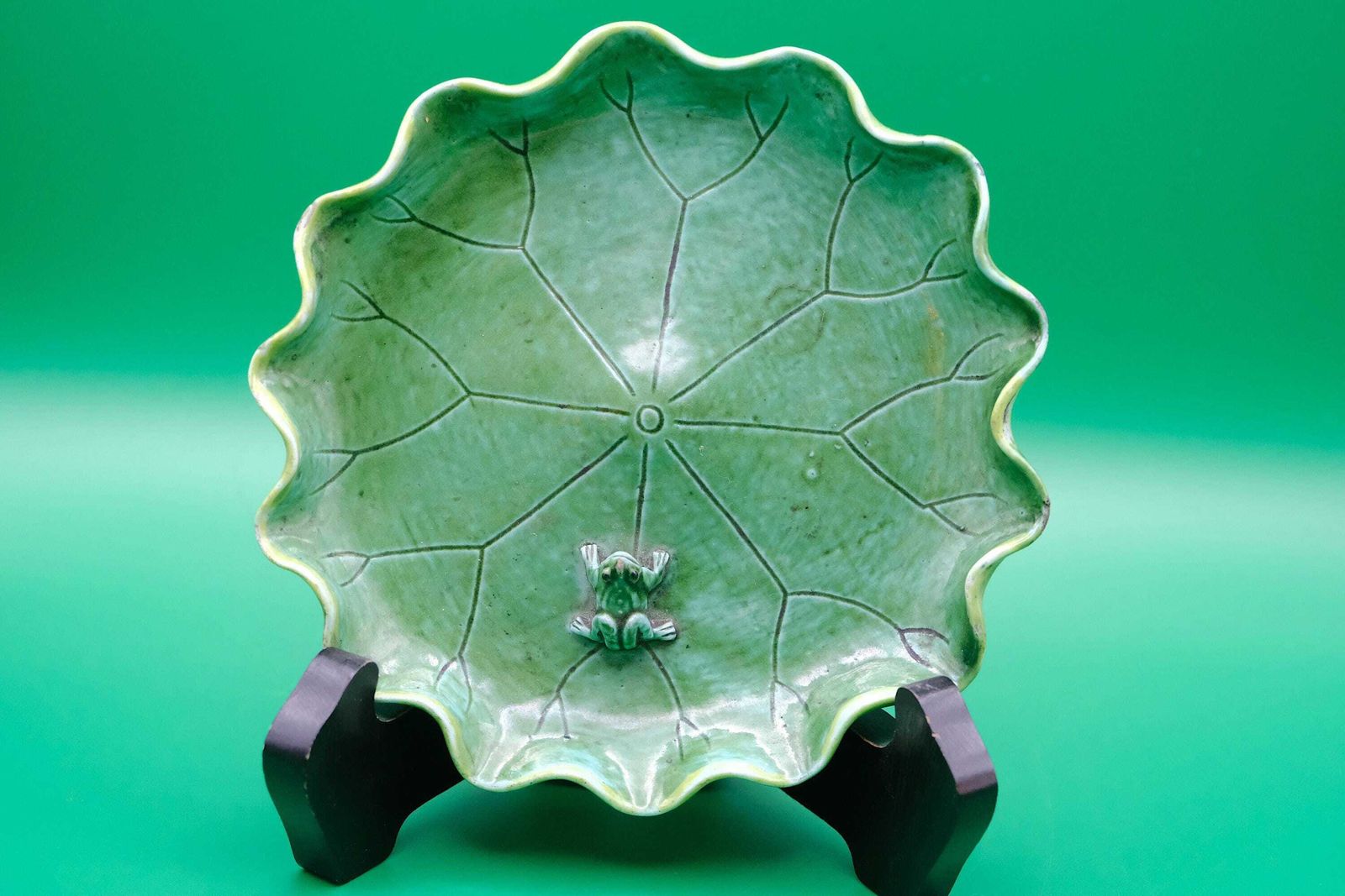 photo buy Antique Chinese Green Glaze Lotus Leaf Dish With Frog, Qing/Republic Period, Nature Form Ceramic