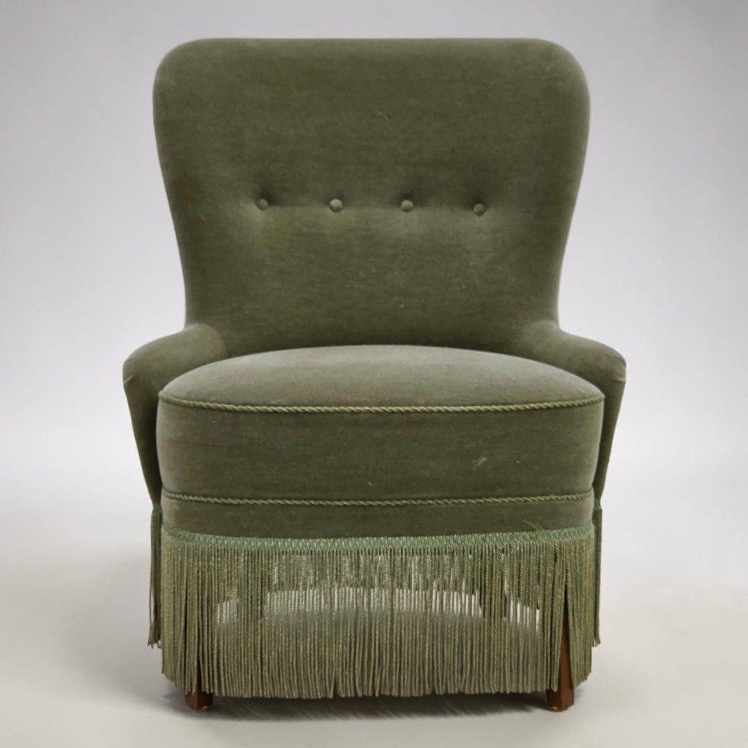 Ca. jaren 1970, Deense fauteuil, groen meubelvelours.