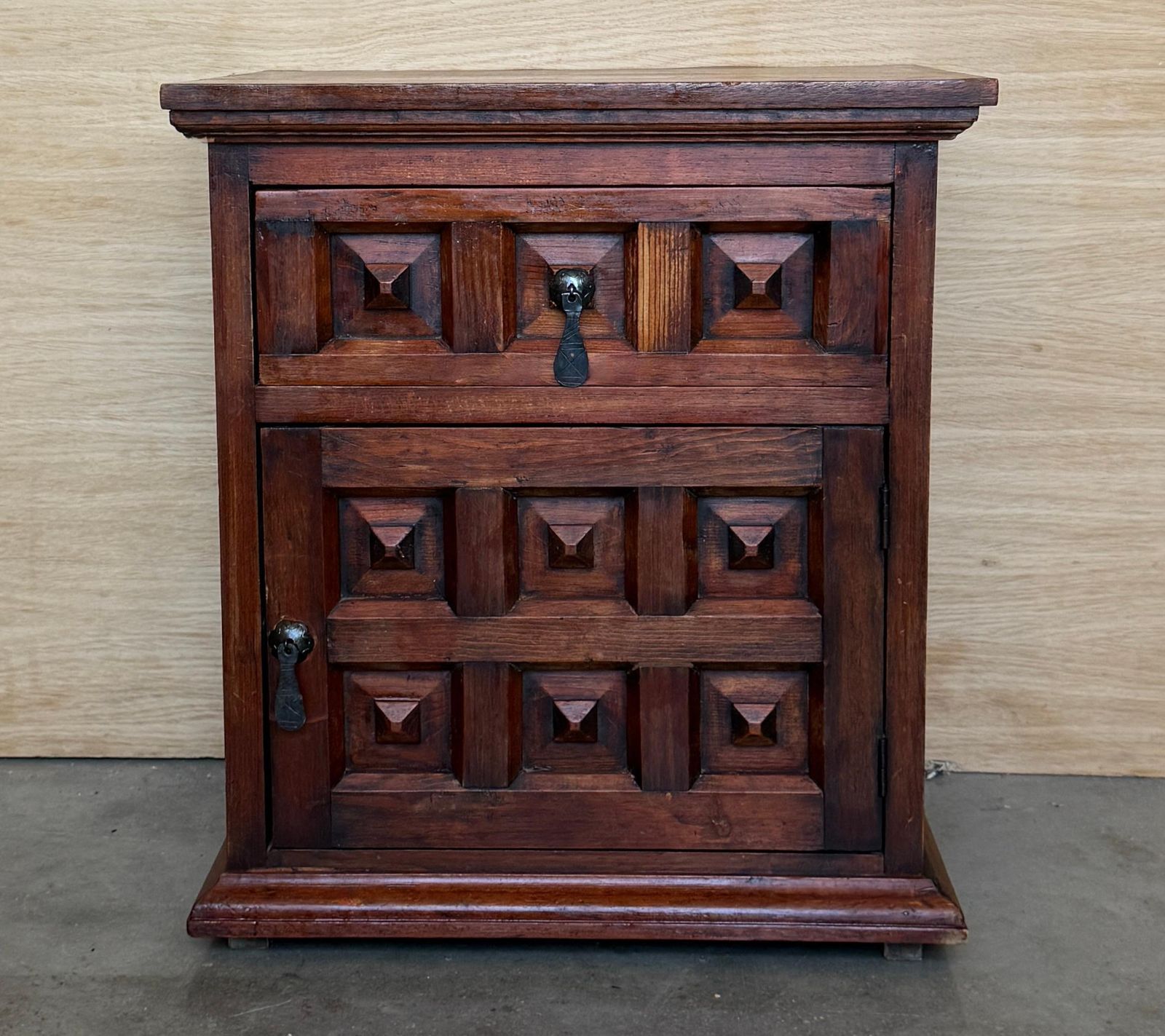 Pair Of Spanish Solid Walnut Nightstands With Hand Carved Geometric Panels photo furniture