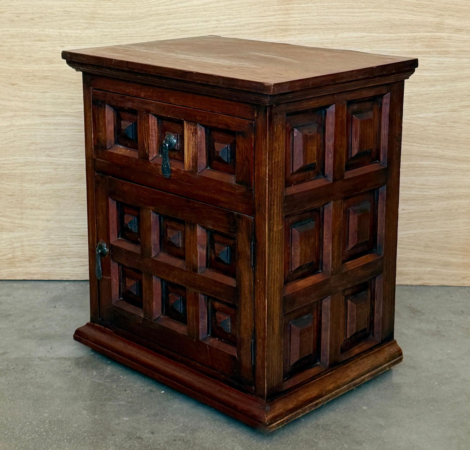 Pair Of Spanish Solid Walnut Nightstands With Hand Carved Geometric Panels photo Furniture