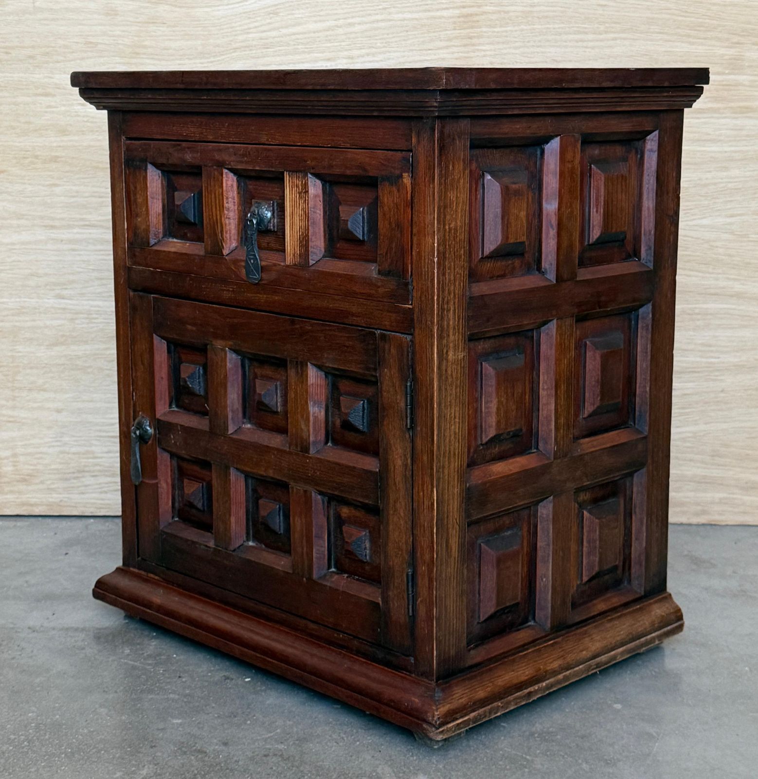 Pair Of Spanish Solid Walnut Nightstands With Hand Carved Geometric Panels photo 2091.0