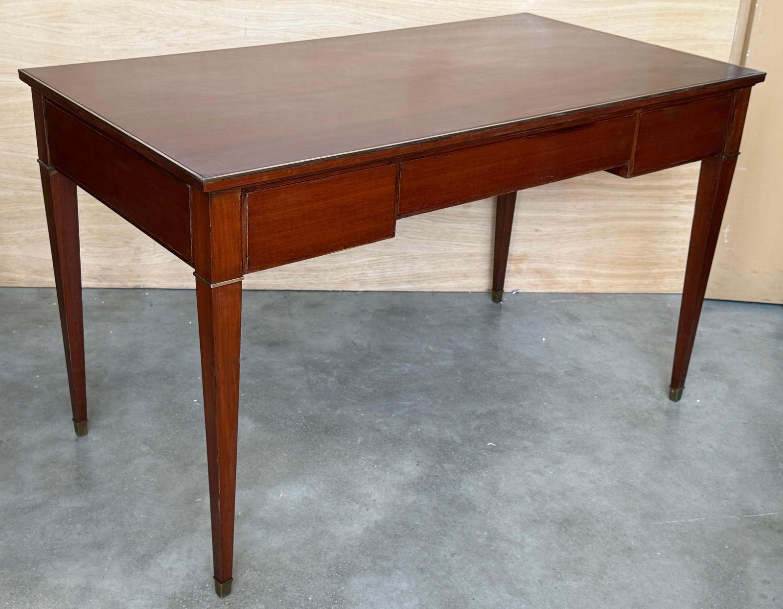 Antique Neoclassical Mahogany Writing Desk With Brass Inlays And Three Drawers photo for sale