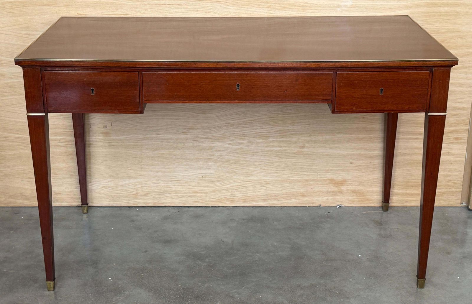 photo for sale Antique Neoclassical Mahogany Writing Desk With Brass Inlays And Three Drawers