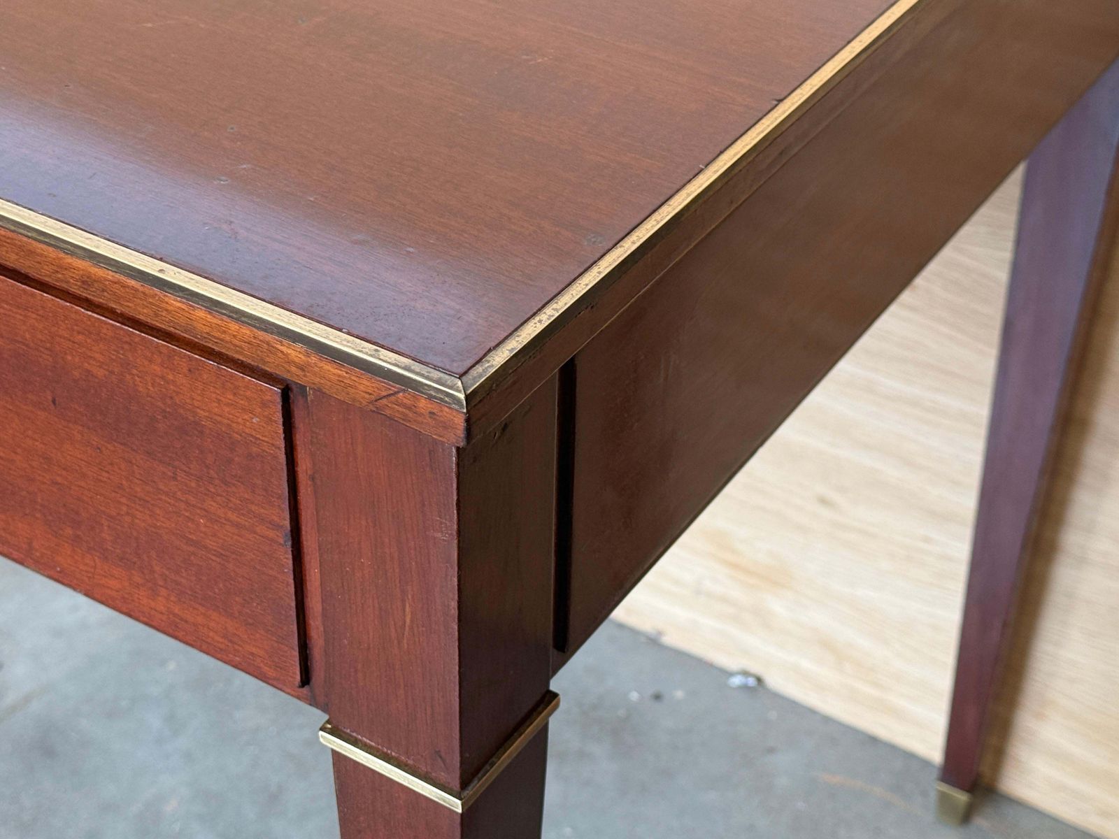 photo buy Antique Neoclassical Mahogany Writing Desk With Brass Inlays And Three Drawers