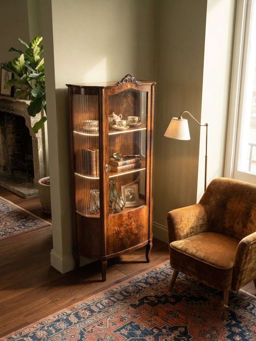Art Deco Walnoot Vitrinekast met Geribbeld Glaswerk photo for sale