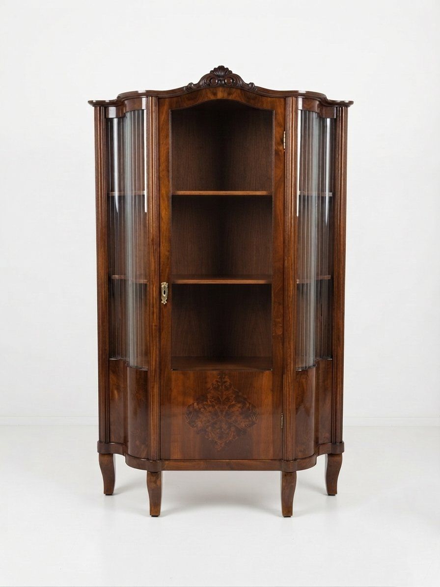 Art Deco Walnoot Vitrinekast met Geribbeld Glaswerk photo vinterior