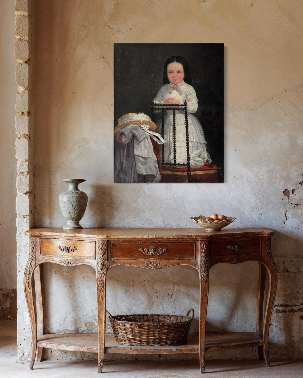 Antiek groot Frans olieverfportret van een biddend meisje, ca. jaren 1850 – schilderij op doek, 36x29 inch photo for sale