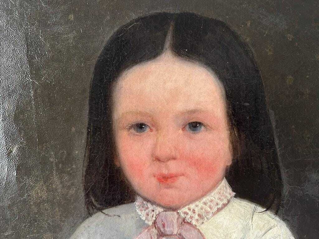 Antiek groot Frans olieverfportret van een biddend meisje, ca. jaren 1850 – schilderij op doek, 36x29 inch photo 1083.0