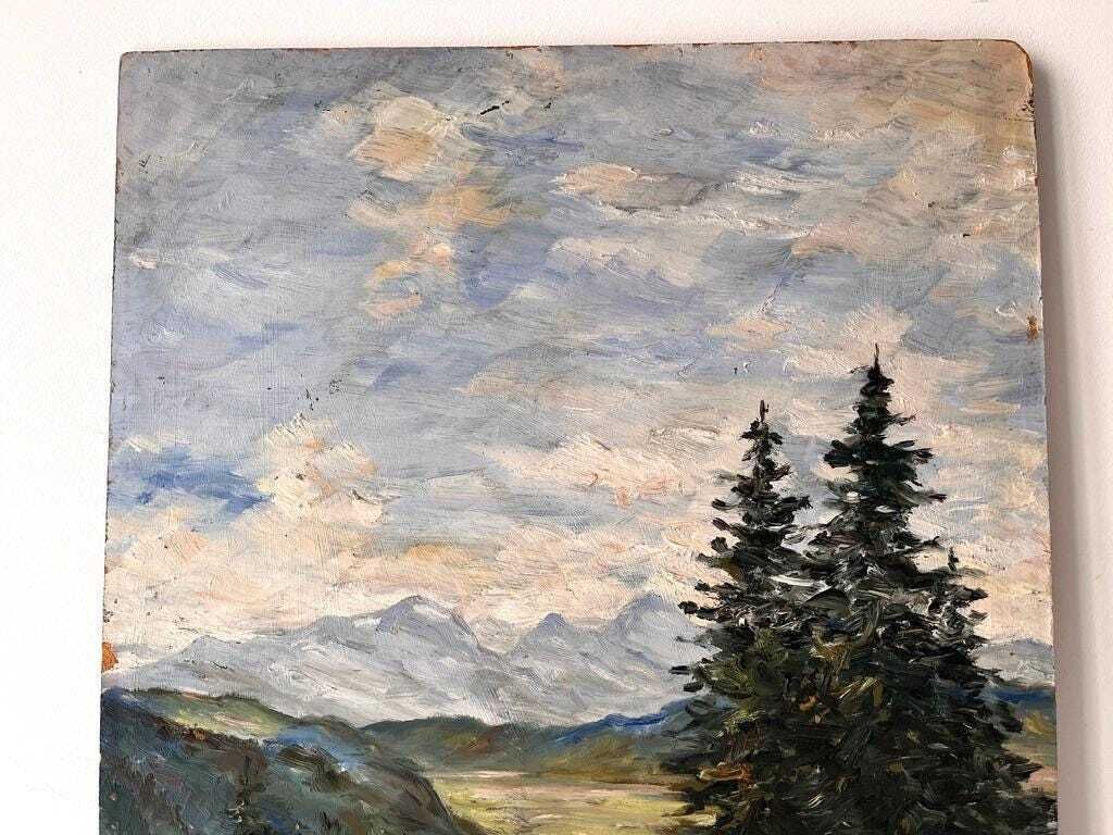 Original 1952's French Mountains Landscape Painting, Vintage Alpine Pastures Oil On Panel photo Art
