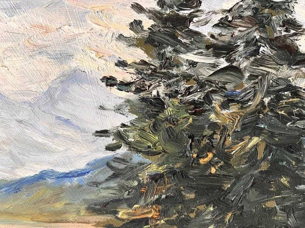 Paysage de montagne français, pâturages alpins, huile sur panneau, 1952 photo vintage
