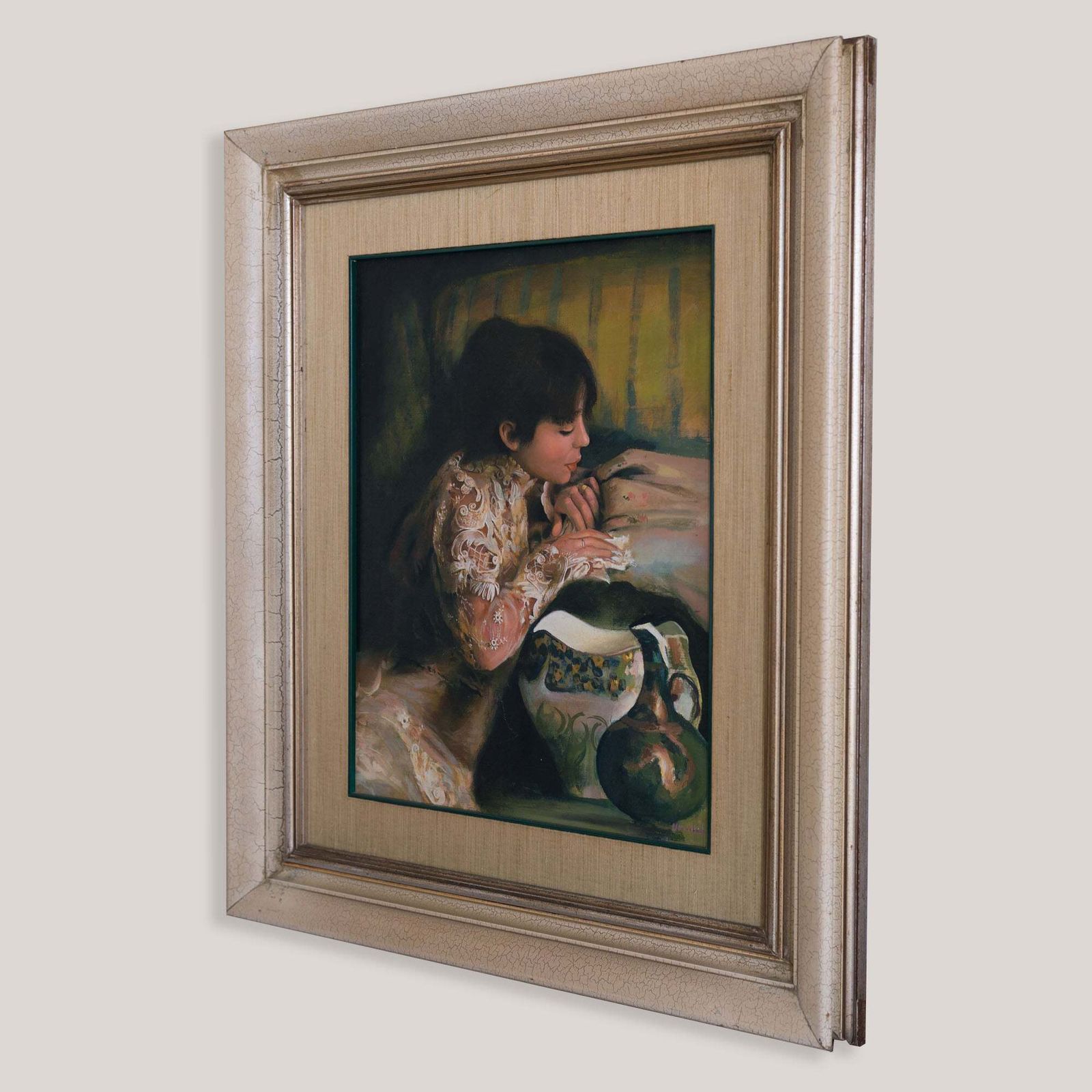 Jonge vrouw in een fijn geborduurde Spaanse kanten blouse – gesigneerd olieverf op doek photo Kunst