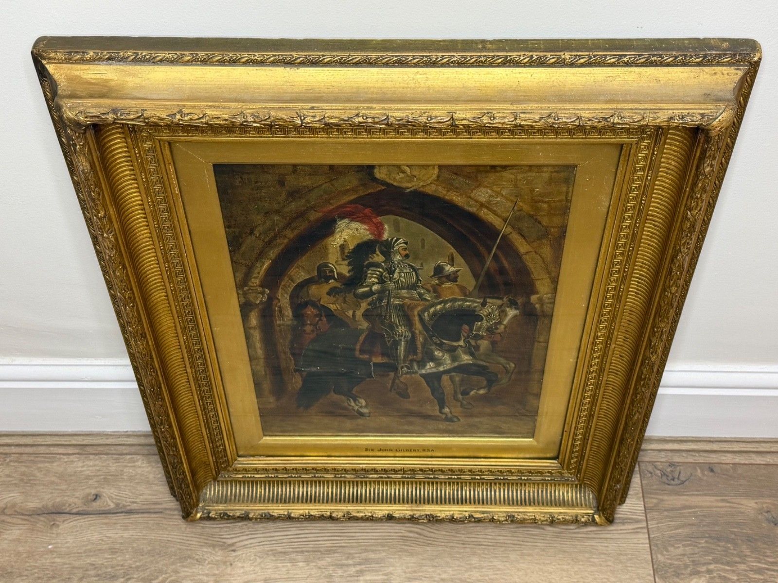 photo furniture 19e-eeuws olieverfchilderij, Renaissancistische ridder te paard onder kloostergang, in de stijl van Sir John Gilbert RA