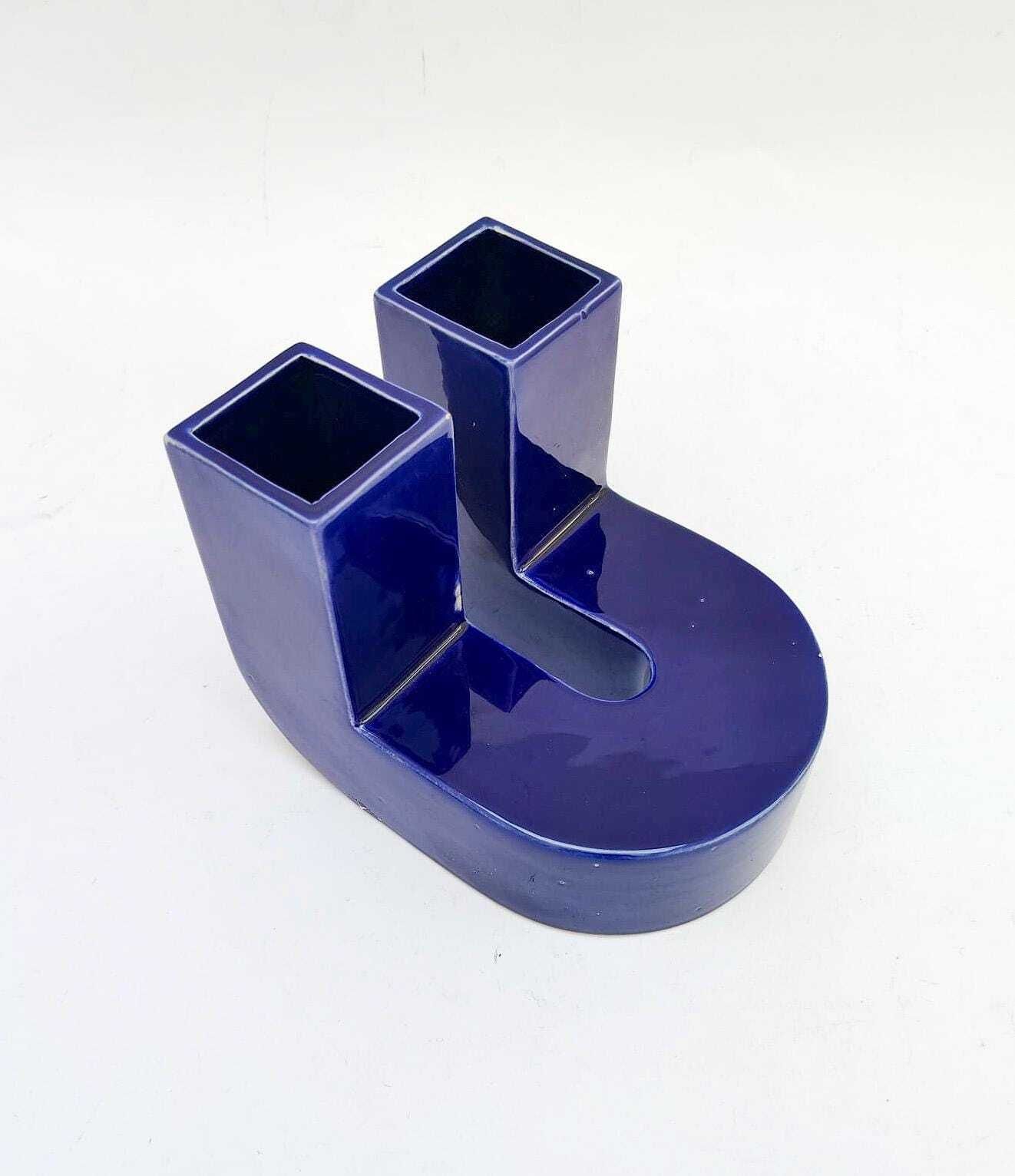 Vase en céramique Lesa Ceramiche bleu vintage Space Age Pop Art, 2 bouches, dans l'esprit de Mangiarotti photo furniture