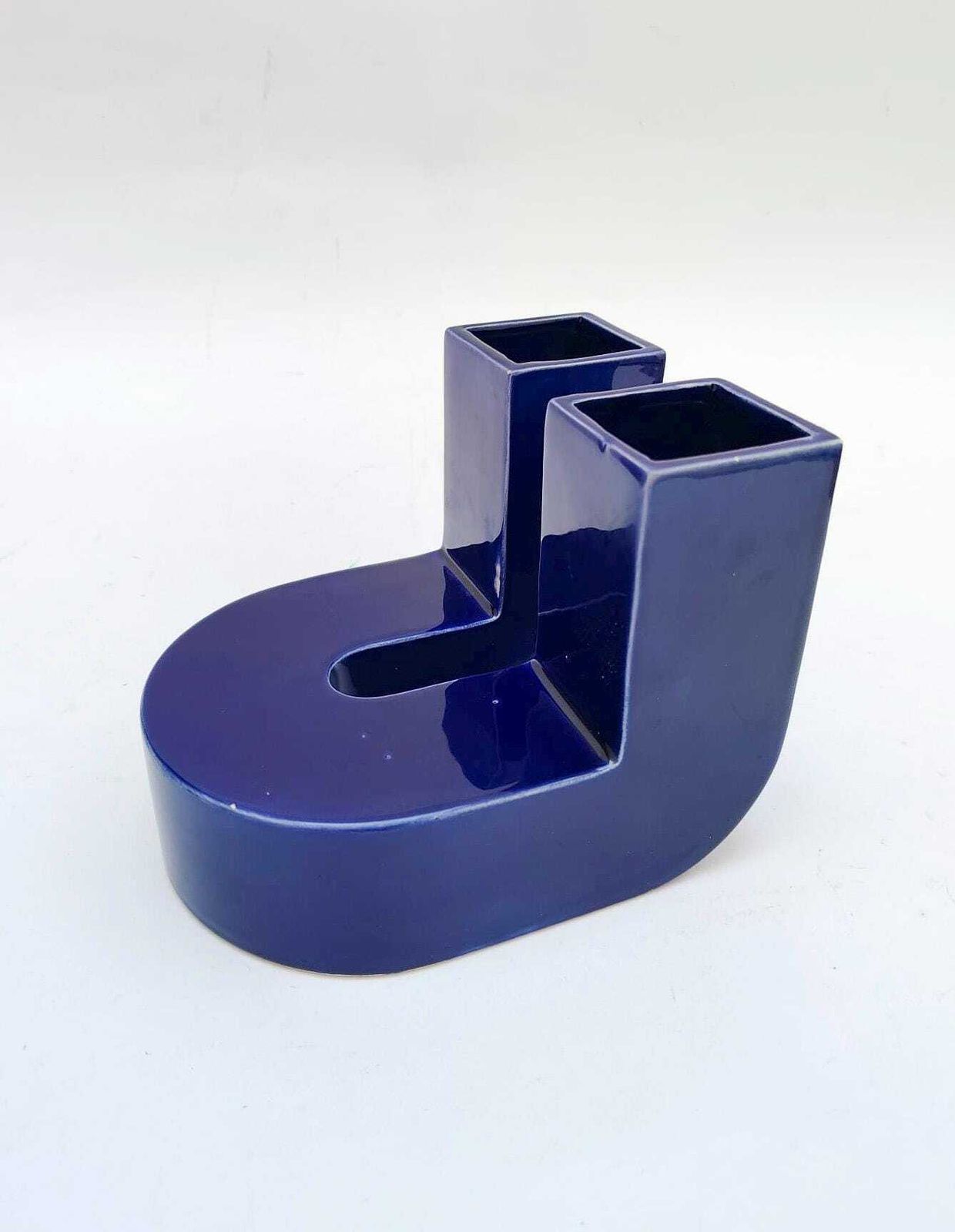 Vase en céramique Lesa Ceramiche bleu vintage Space Age Pop Art, 2 bouches, dans l'esprit de Mangiarotti photo Décoration