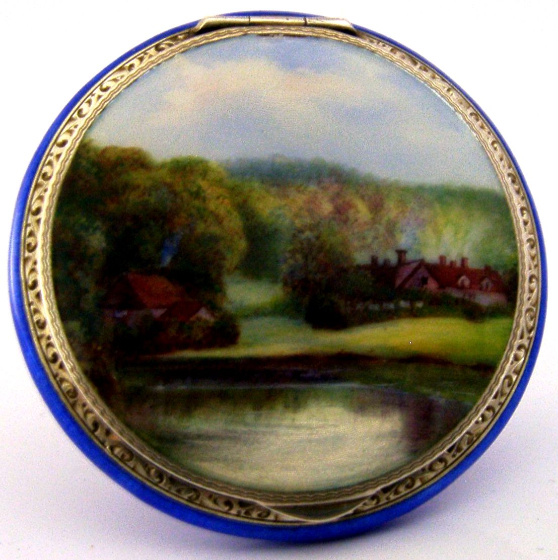 Antiek Sterling Zilveren Email Compact 1927, Handgeschilderd photo for sale