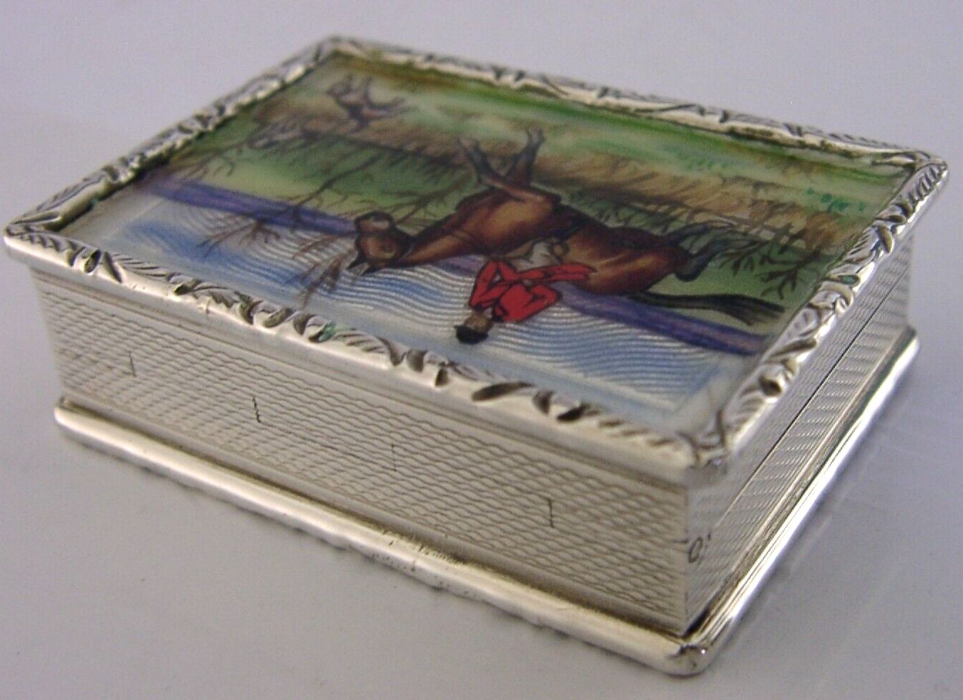Tabatière en argent sterling et émail, scène de chasse à courre, 1977 photo vintage