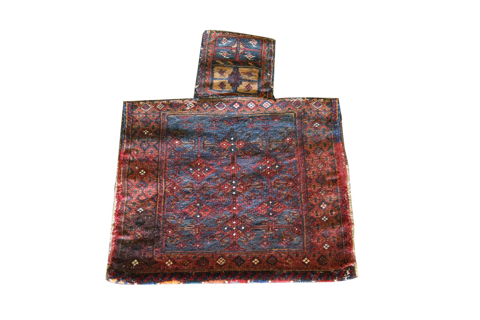 Zeldzame verzamelbare zoutzak, handgeweven oosters tapijt in rood en blauw wol