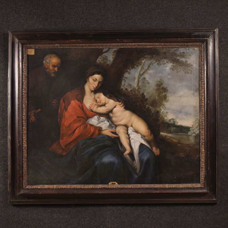 Large 17th Century Flemish Painting, Rest On The Flight Into Egypt