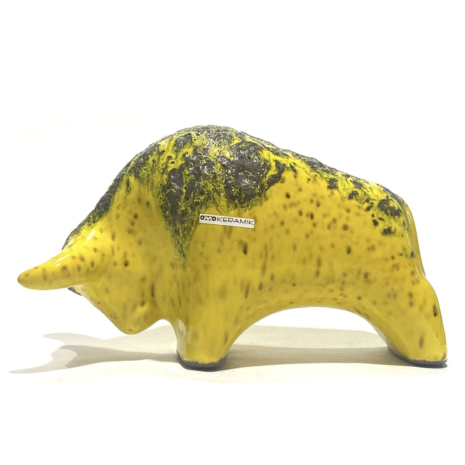 Otto Keramik Ceramic Bull In Yellow Fat Lava Glaze, West German Pottery Style Ornament