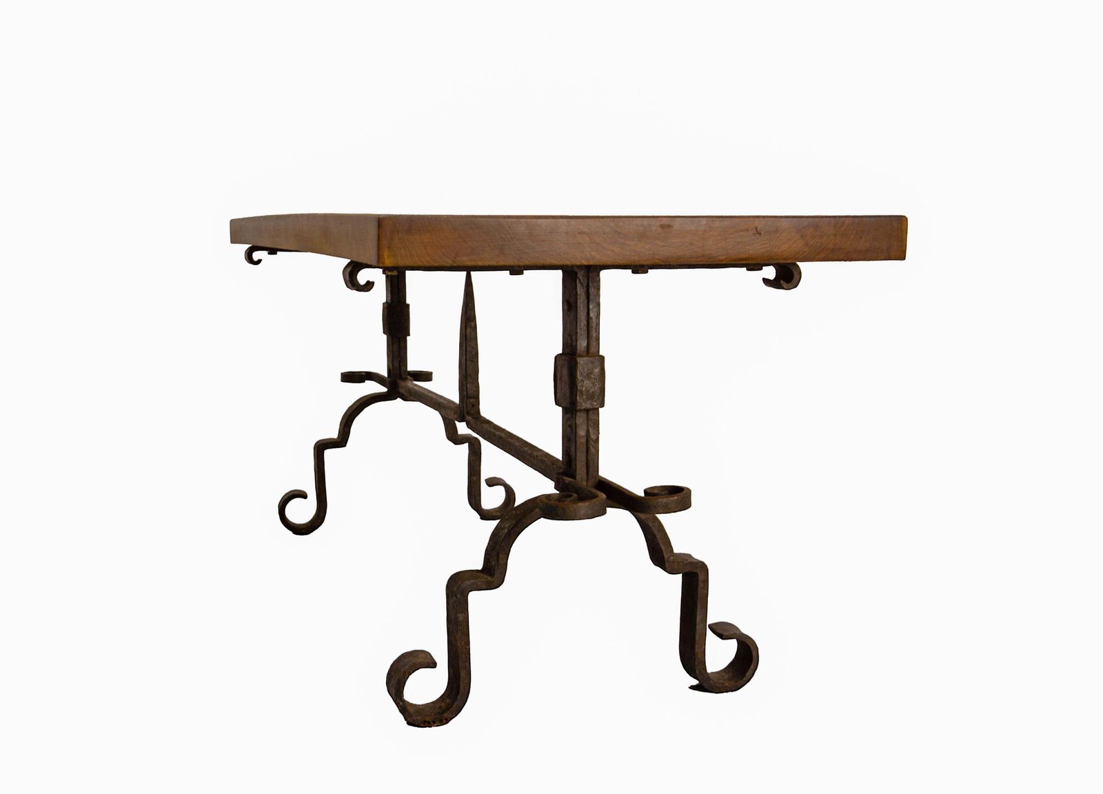 Table basse française en noyer massif et fer forgé, vers 1960 photo 1164.0
