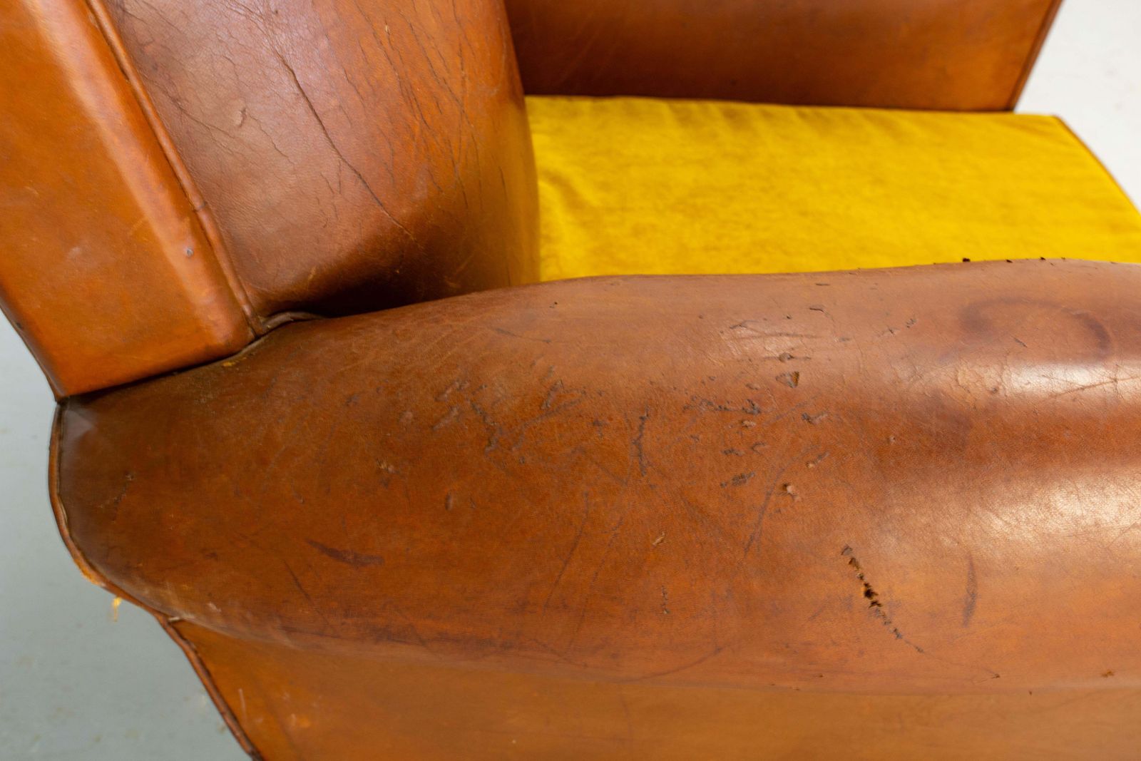 photo for sale Antique Pair Club Armchair Fauteuil Cognac Leather & Fabric French, Circa 1930