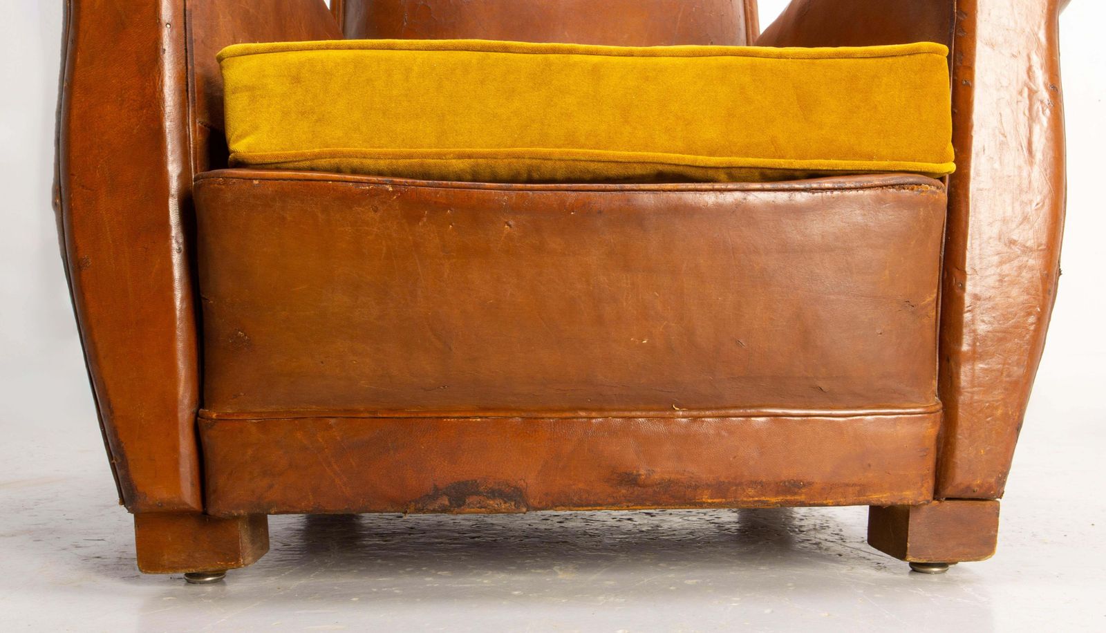 photo vinterior Antique Pair Club Armchair Fauteuil Cognac Leather & Fabric French, Circa 1930
