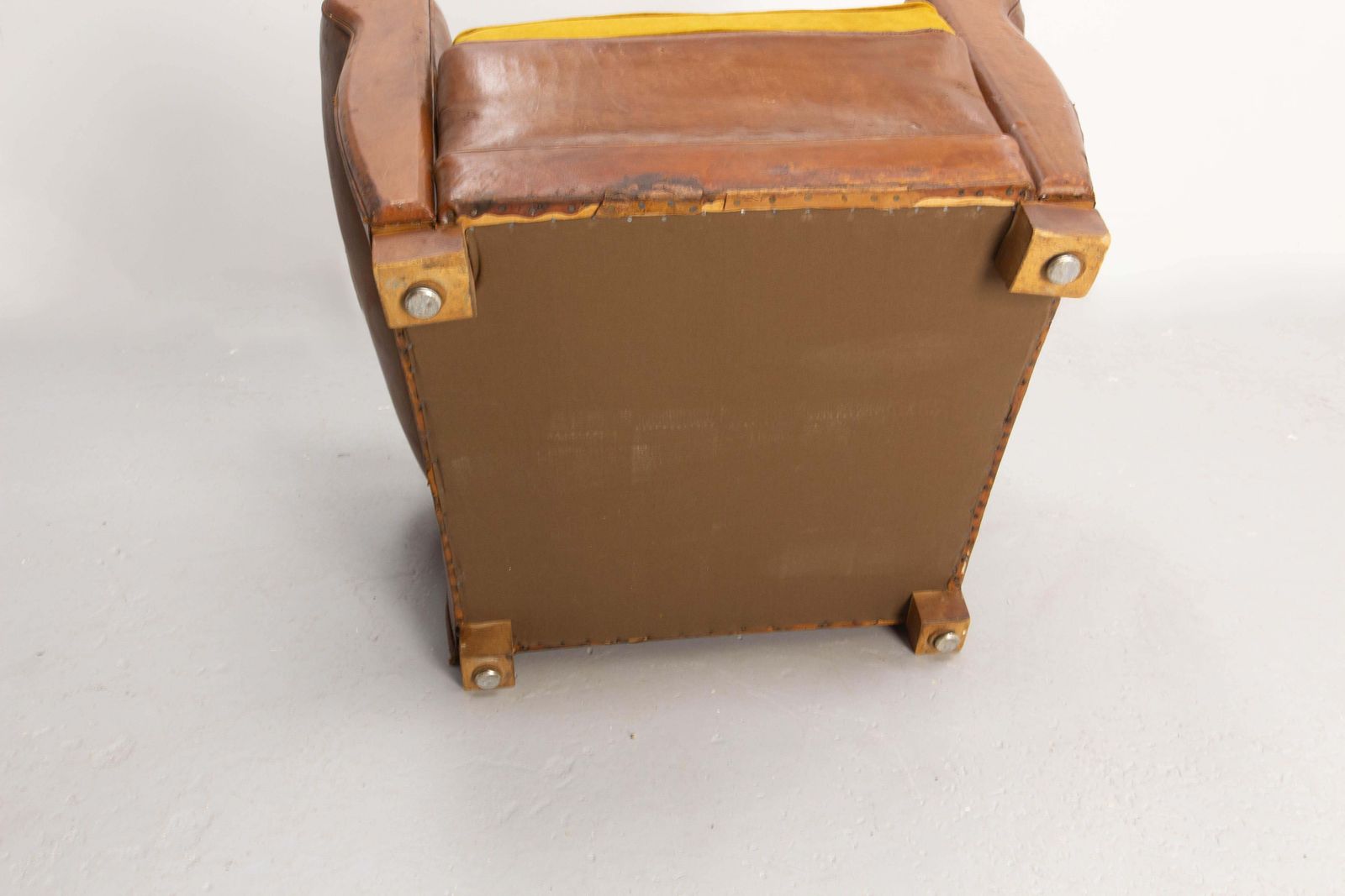 photo vintage Antique Pair Club Armchair Fauteuil Cognac Leather & Fabric French, Circa 1930