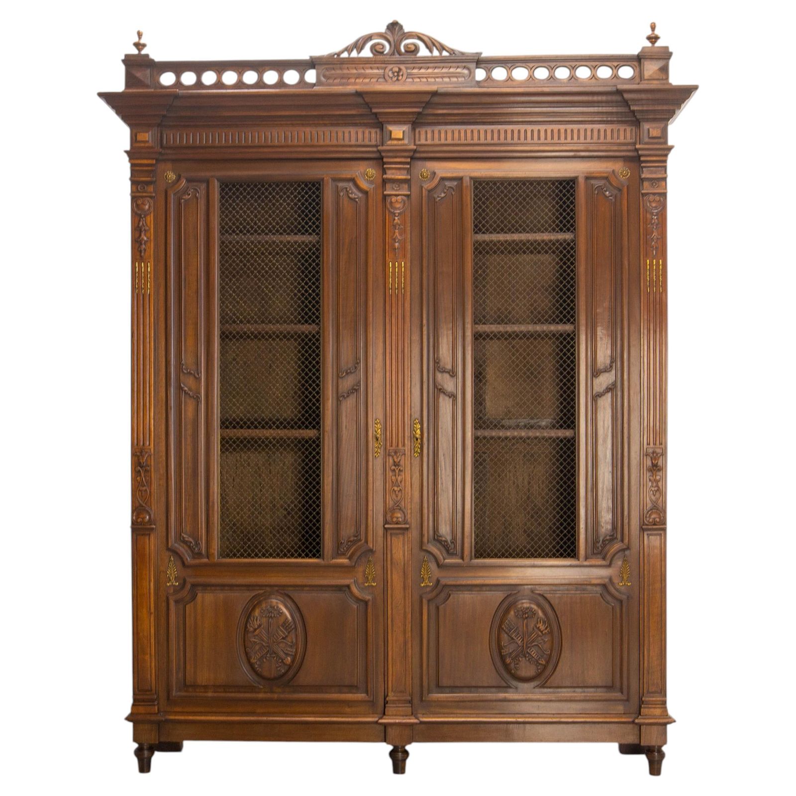 French Louis XVI Style Exotic Wood Wire Mesh Book Case Armoire C. 1890