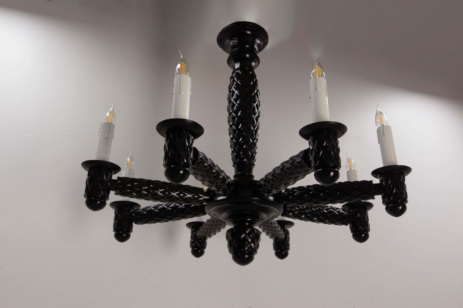 French Black Lacquered Wood Ceiling Lustre Eight Lamps, Circa 1940 photo furniture