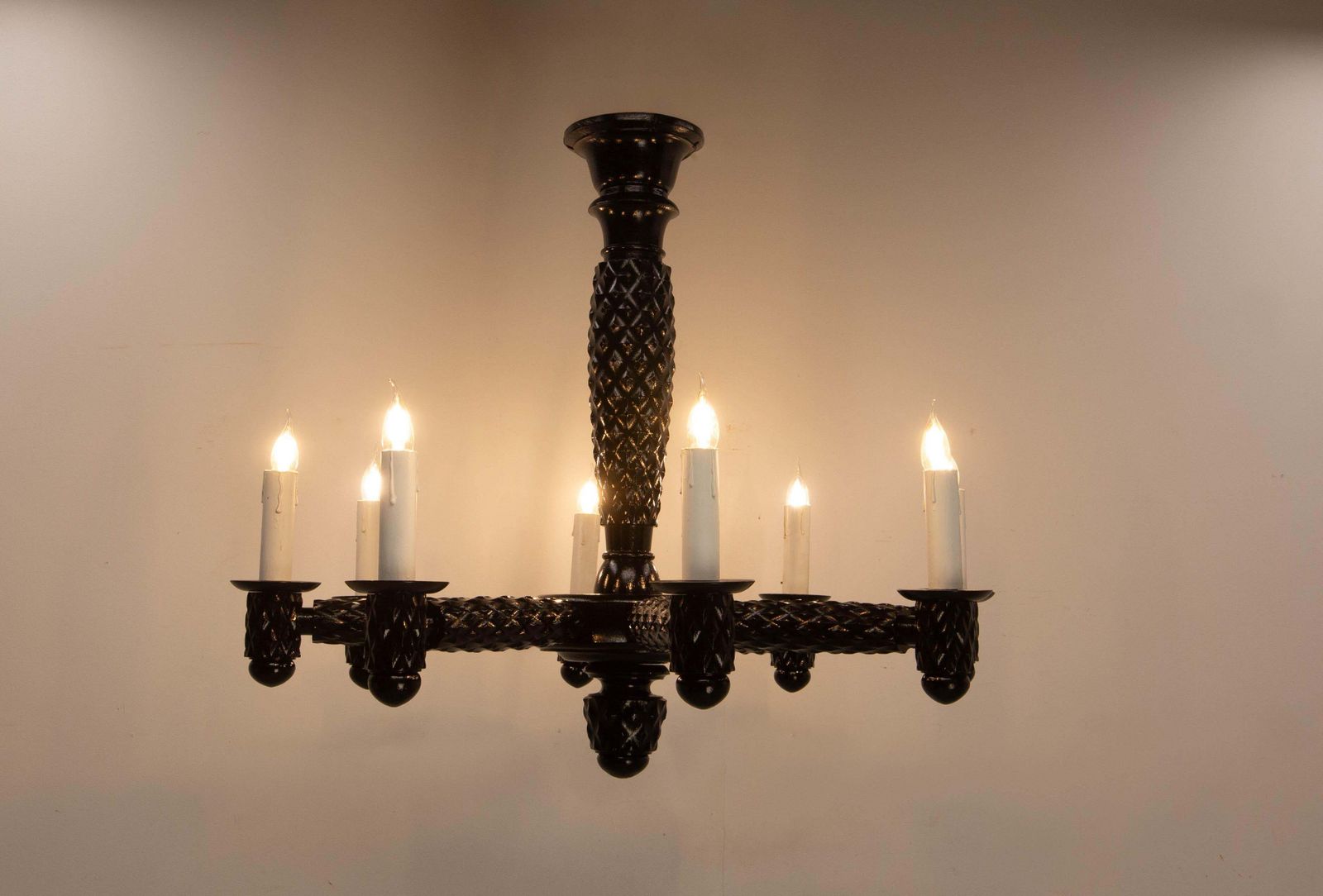 French Black Lacquered Wood Ceiling Lustre Eight Lamps, Circa 1940 photo vinterior