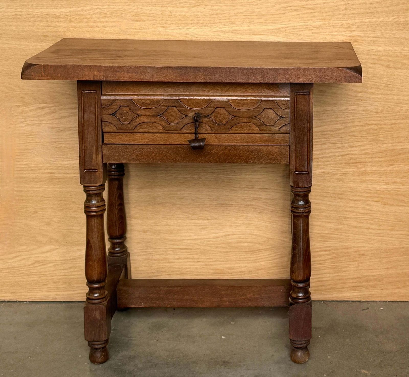 Antique Pair Of Spanish Solid Walnut Nightstands With Hand Carved Drawer Fronts photo furniture