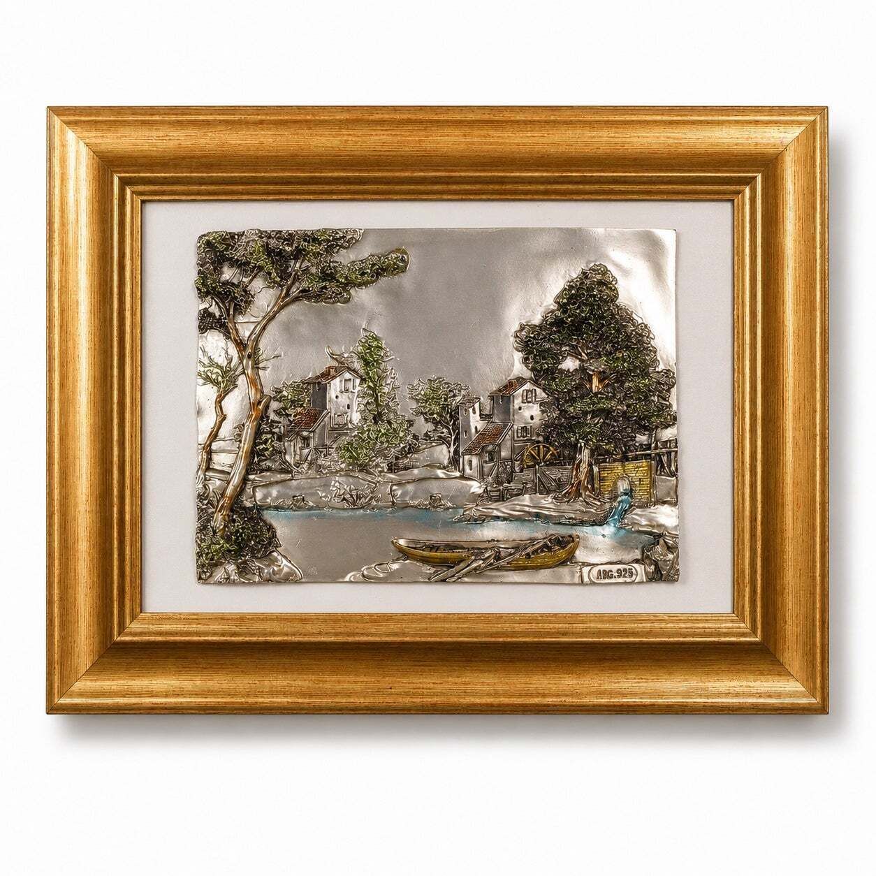 Collectie van vier Italiaanse bas-reliëfs met 925 verzilverd landschap door Guerrini photo buy