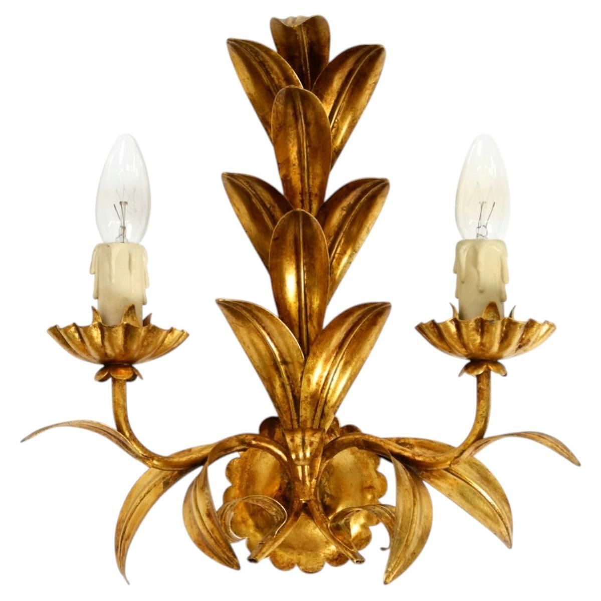 Large Italian Florentine Gilt Metal Wall Lamp With 2 Sockets, 1960s