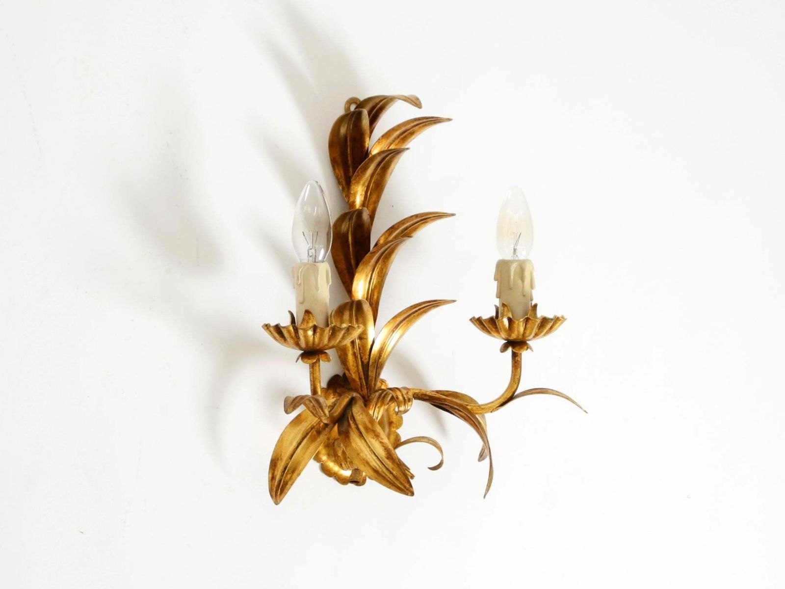 Large Italian Florentine Gilt Metal Wall Lamp With 2 Sockets, 1960s photo for sale