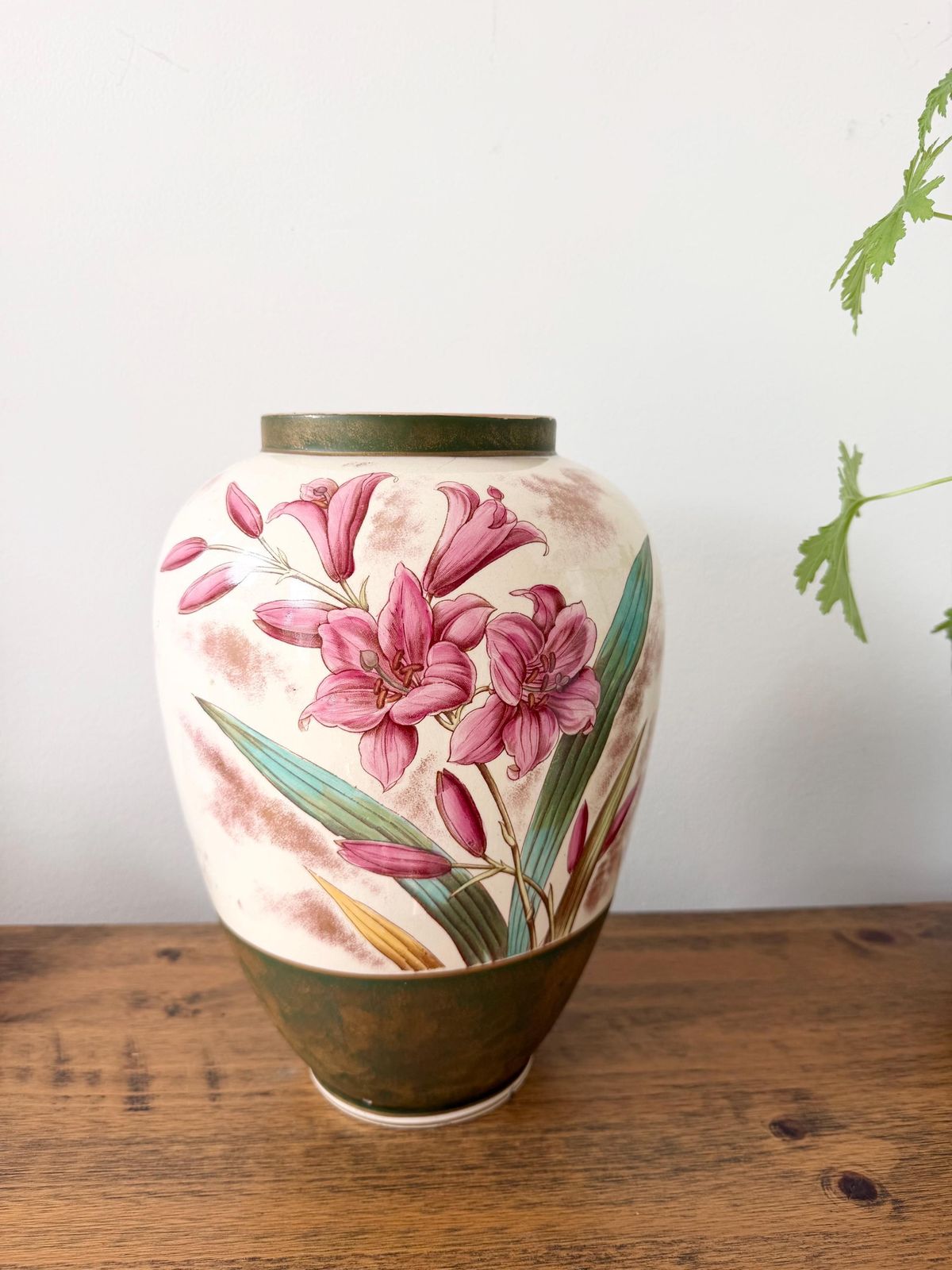 Large Antique Art Nuveau Floral Vase 32cm, Hand Painted Pink Lily Ceramic Urn, Bohemian Austrian Art Pottery, Statement Flower Vase