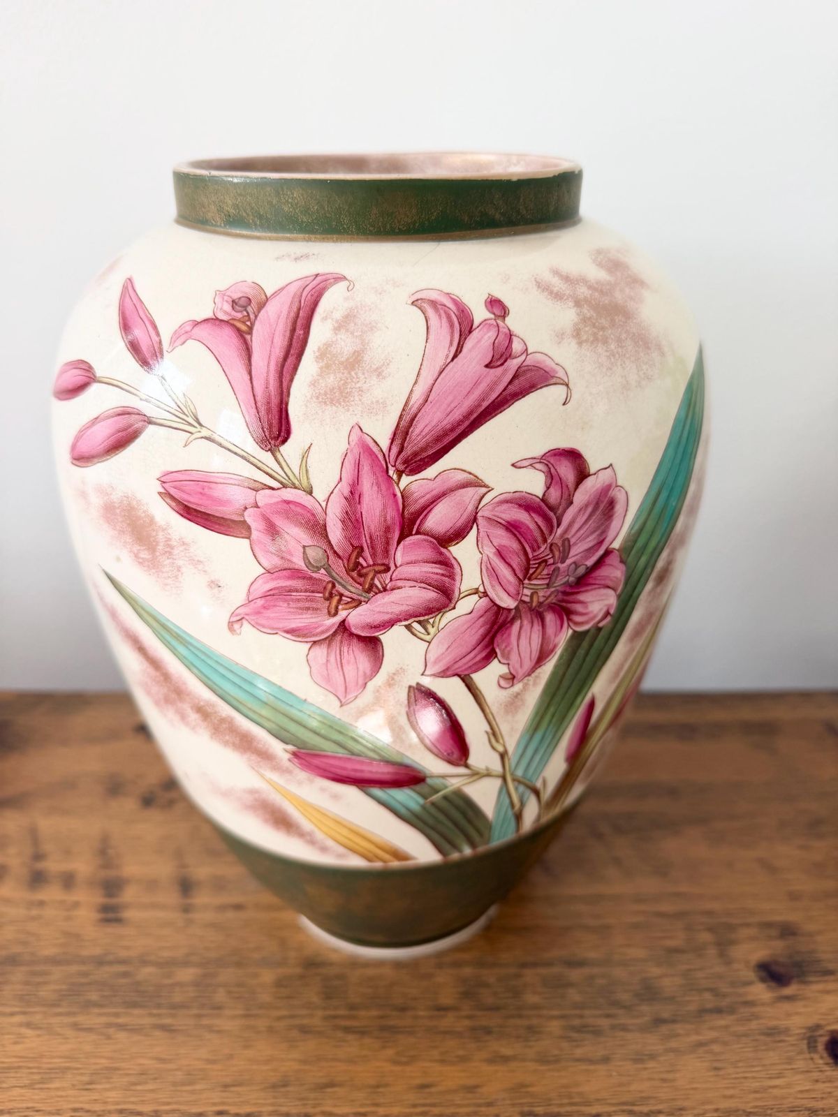 Large Antique Art Nuveau Floral Vase 32cm, Hand Painted Pink Lily Ceramic Urn, Bohemian Austrian Art Pottery, Statement Flower Vase photo for sale