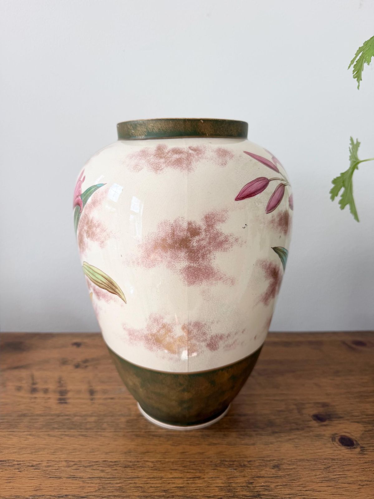 Large Antique Art Nuveau Floral Vase 32cm, Hand Painted Pink Lily Ceramic Urn, Bohemian Austrian Art Pottery, Statement Flower Vase photo buy