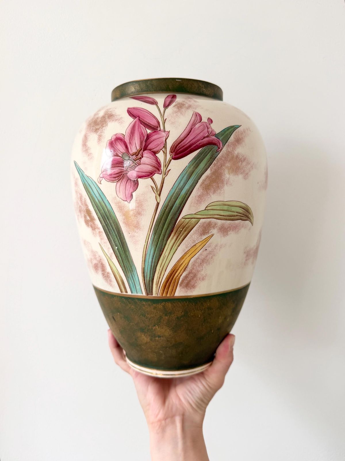 photo for sale Large Antique Art Nuveau Floral Vase 32cm, Hand Painted Pink Lily Ceramic Urn, Bohemian Austrian Art Pottery, Statement Flower Vase
