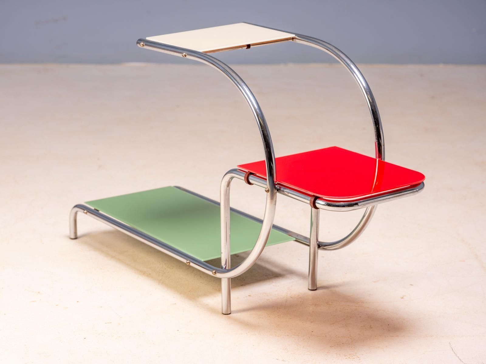 Bauhaus buisstalenbloemenstalletje van Emile Guyot, gekleurde glazen planken, midden 20e eeuw, Tsjecho-Slowakije, 79 × 30 × 105 cm photo for sale