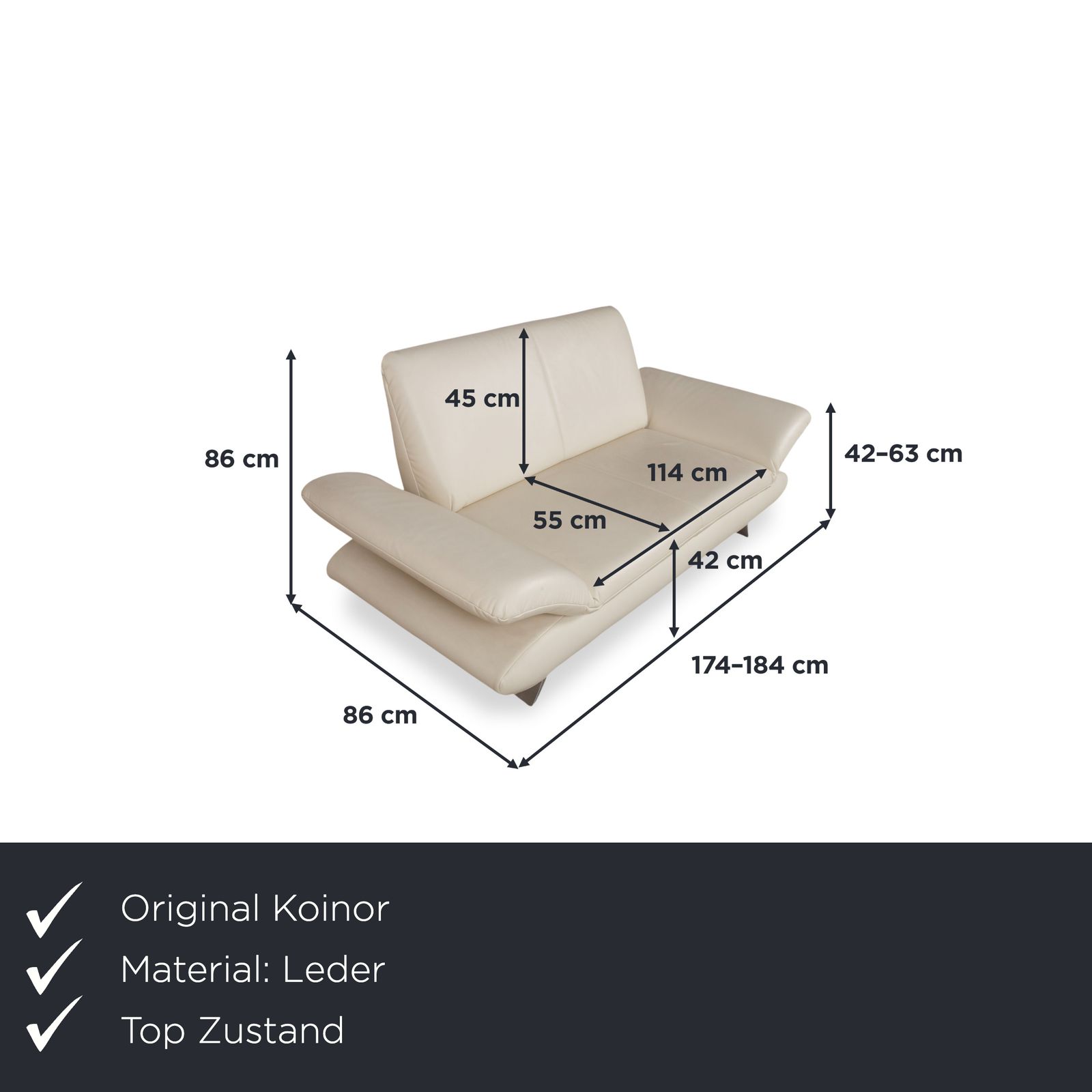 Koinor Rossini Leder Crèmewit Tweezitsbank Manuele Functie photo furniture