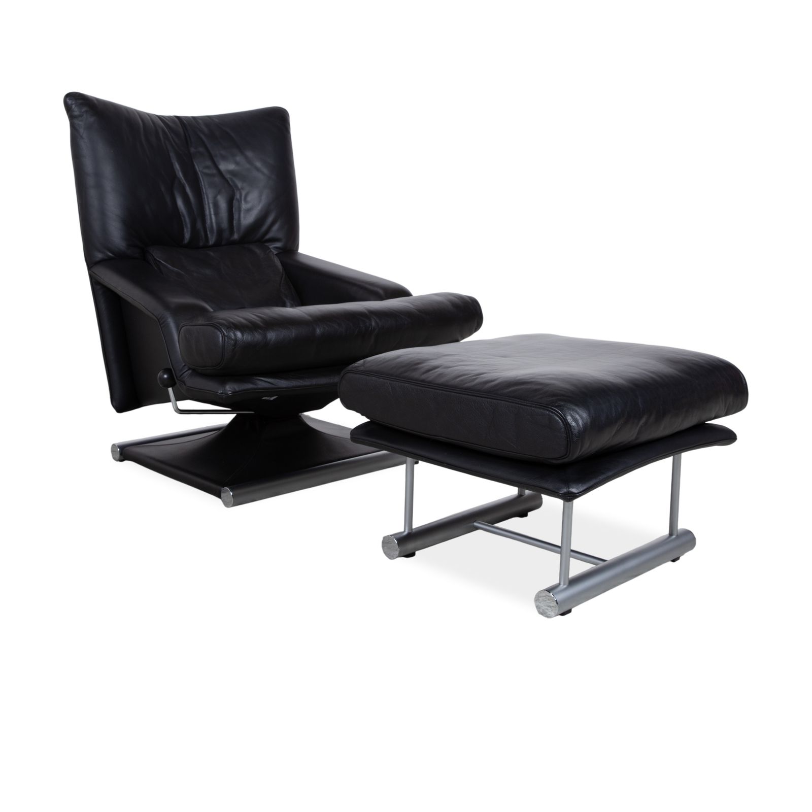 Ensemble fauteuil Rolf Benz 6500 en cuir noir, métal noir