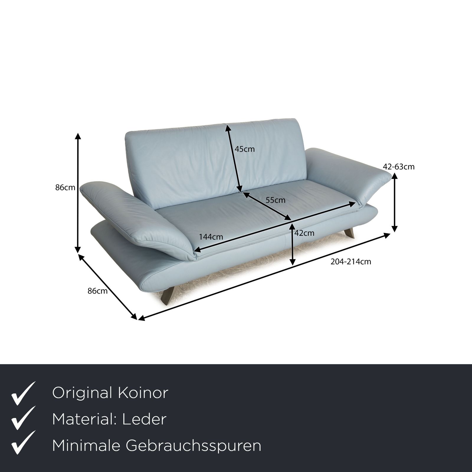 Canapé 2 places Koinor Rossini en cuir bleu clair, fonction manuelle photo furniture