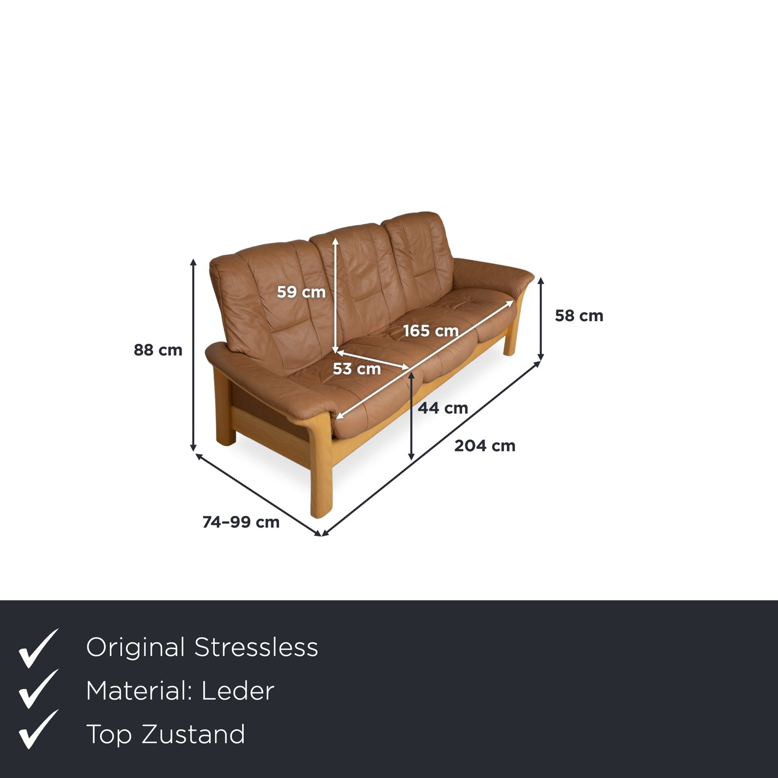 Stressless Windsor driezitsbank, leer en hout, bruin cognac, manuele relaxfunctie photo furniture